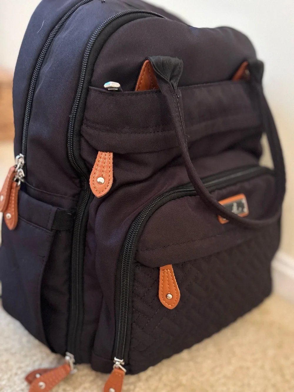 Quilted Black Baby Bag Backpack with Tan Accents